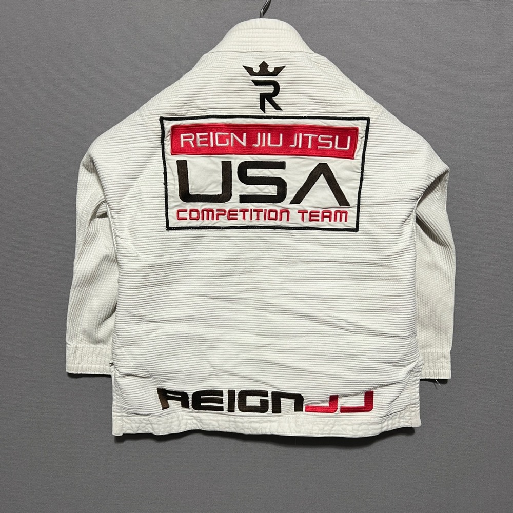 Reign Jiu Jitsu USA Competition Team Gi Jacket White Pearl Weave Kids Size M00